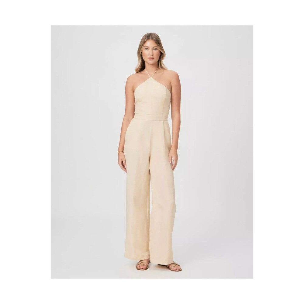 Paige NWT Thandie Linen Halter Wide Leg Jumpsuit Seashell Beige Size 0